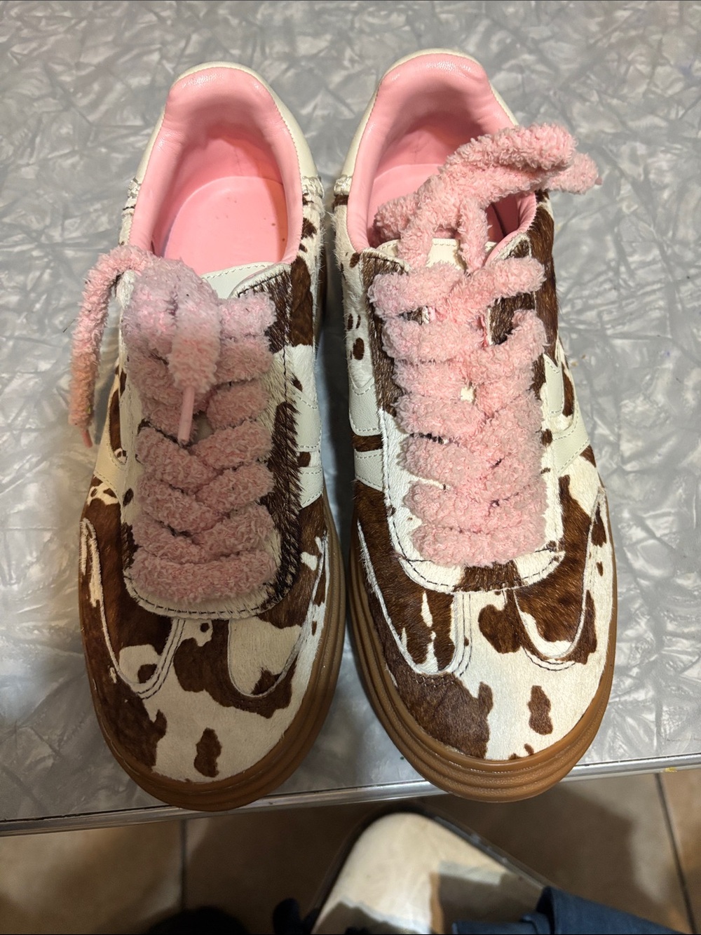 Steve Madden Brown and White Cowprint Sneakers with Pink Fuzzy Laces